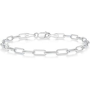 BRIJEWNES 925 Sterling Silver Clasp 3mm Paperclip Chain Bracelets for Women